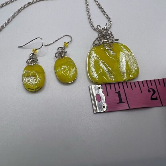 Yellow & Silver Dichroic Pendant Necklace & Earring Set. 925 Sterling Chain - Picture 8 of 11